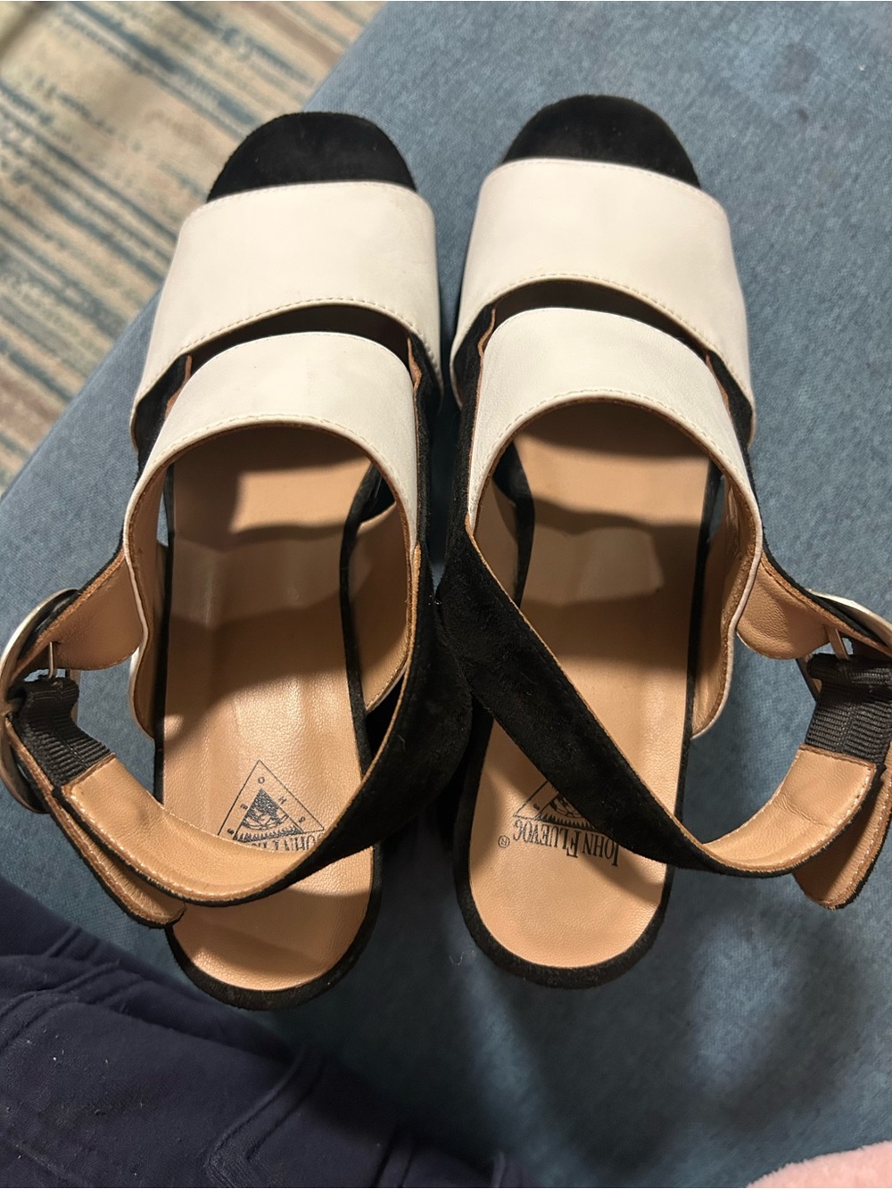 John Fluevog Black and White Leather Wide-Strap Slingback Sandals - Picture 2 of 3